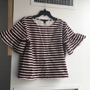 J. Crew Burgundy/Cream Ruffle Sleeve Top